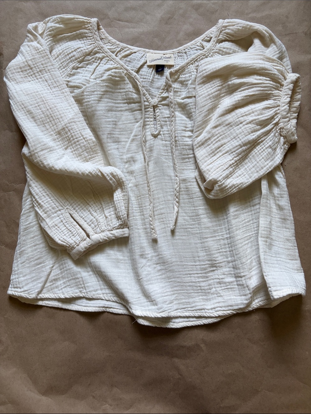 100% Cotton Women’s Cream Peasant Blouse with Tie Neck